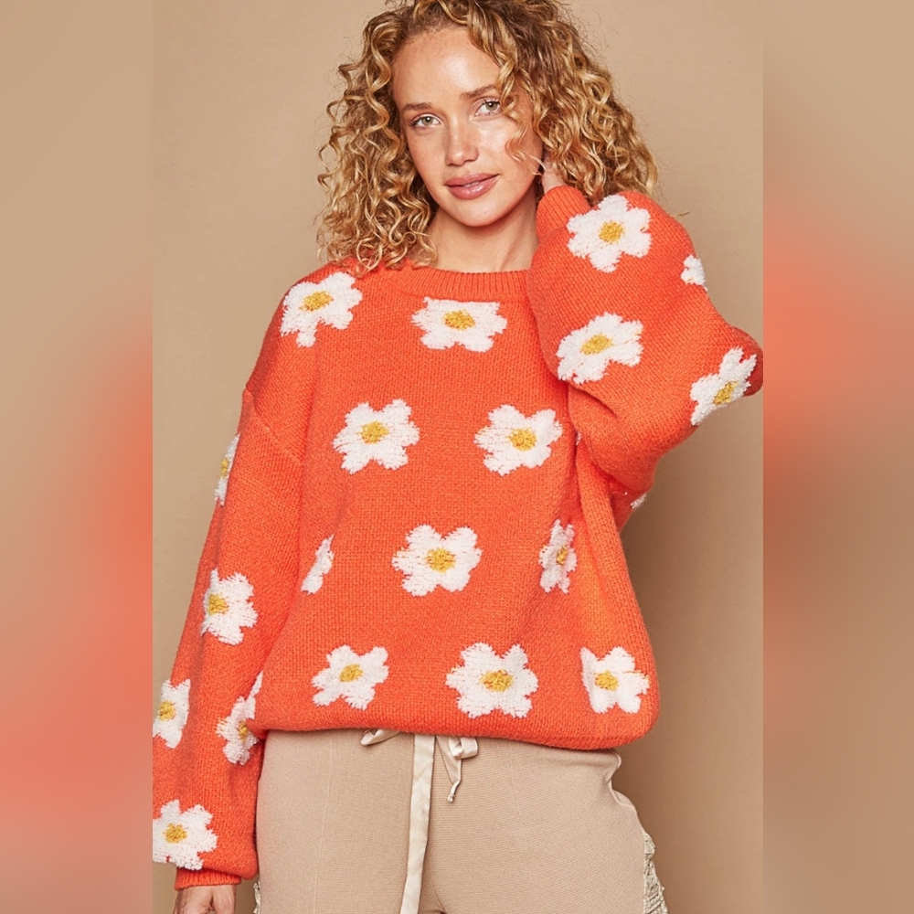 POL Daisy Pattern Drop Shoulder Sweater